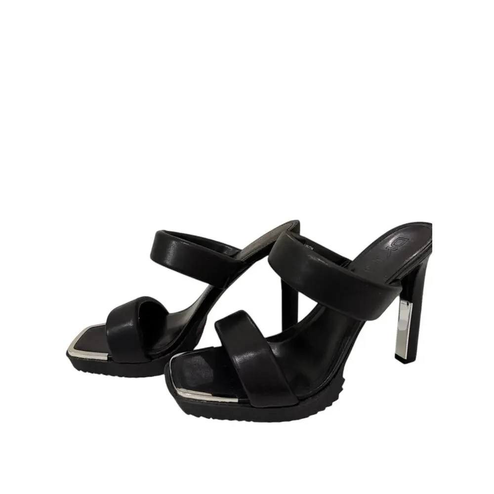 DKNY Ralia Leather Double Padded Strap Black Heels Square Toe| 9.5